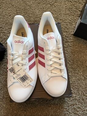 adidas White Sneakers with Pink Stripes